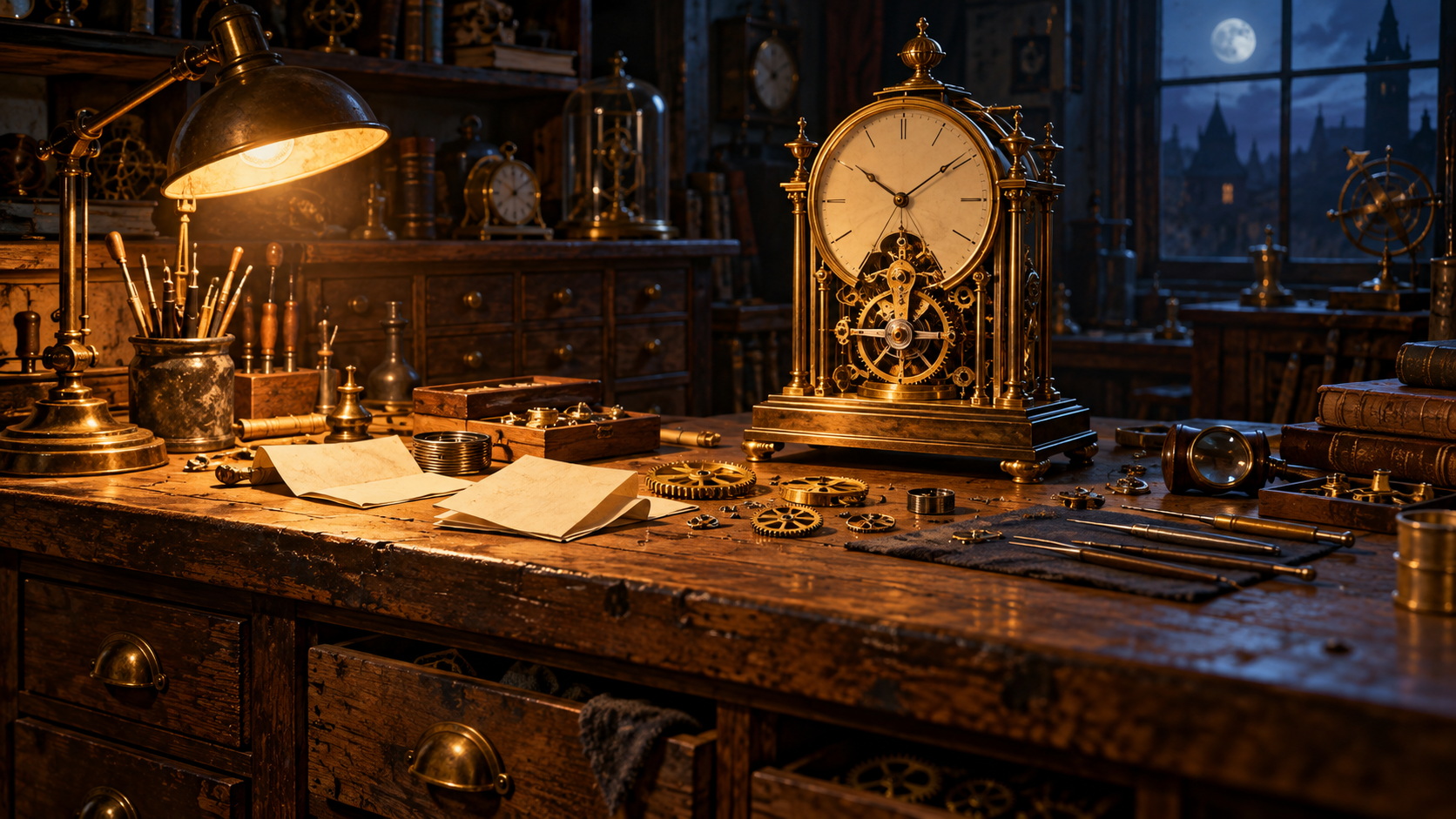 An old clockmaker’s workbench with a brass clock, gears, paper and a warm desk lamp