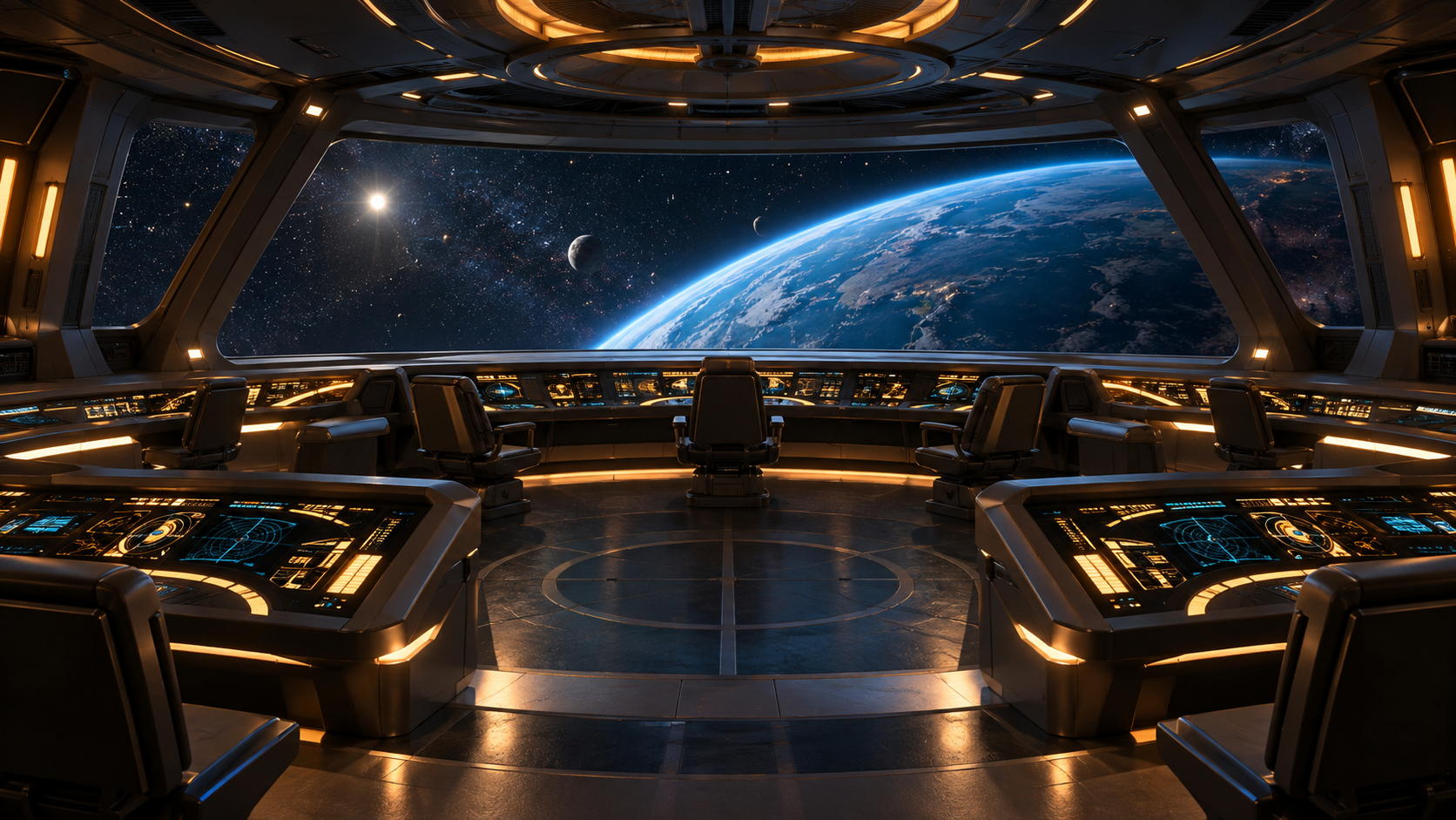 An original futuristic bridge with curved consoles and a blue planet beyond its front window