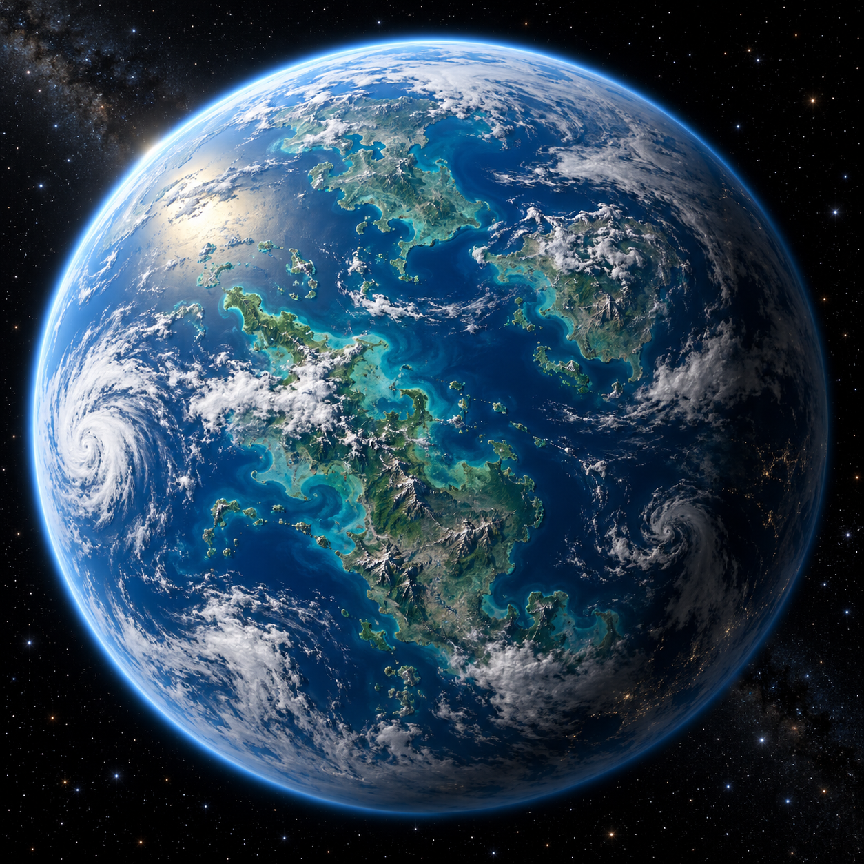Fictional ocean planet Pelagos viewed from space
