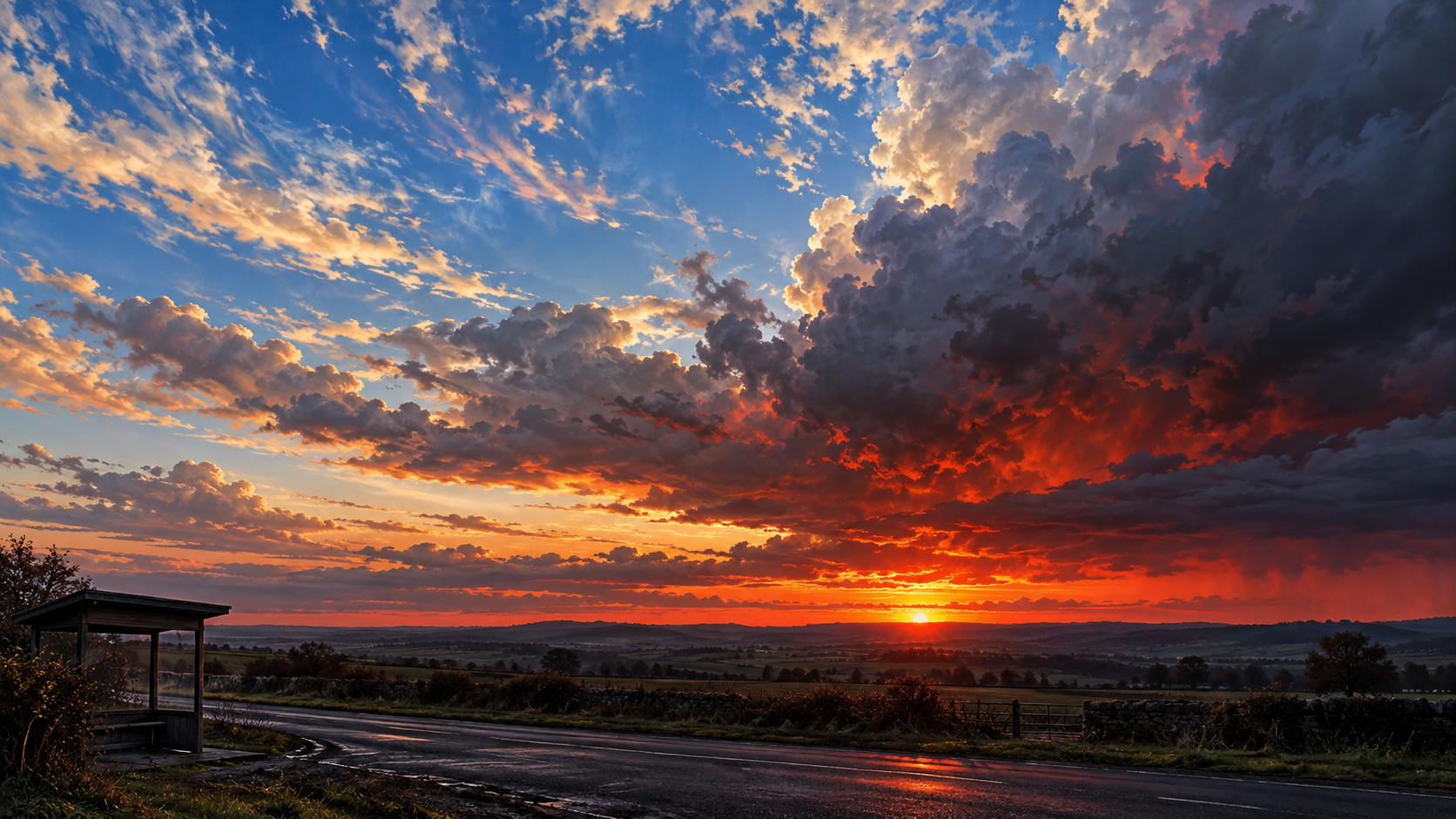 Blue and white October clouds giving way to red sunset and dark storm clouds
