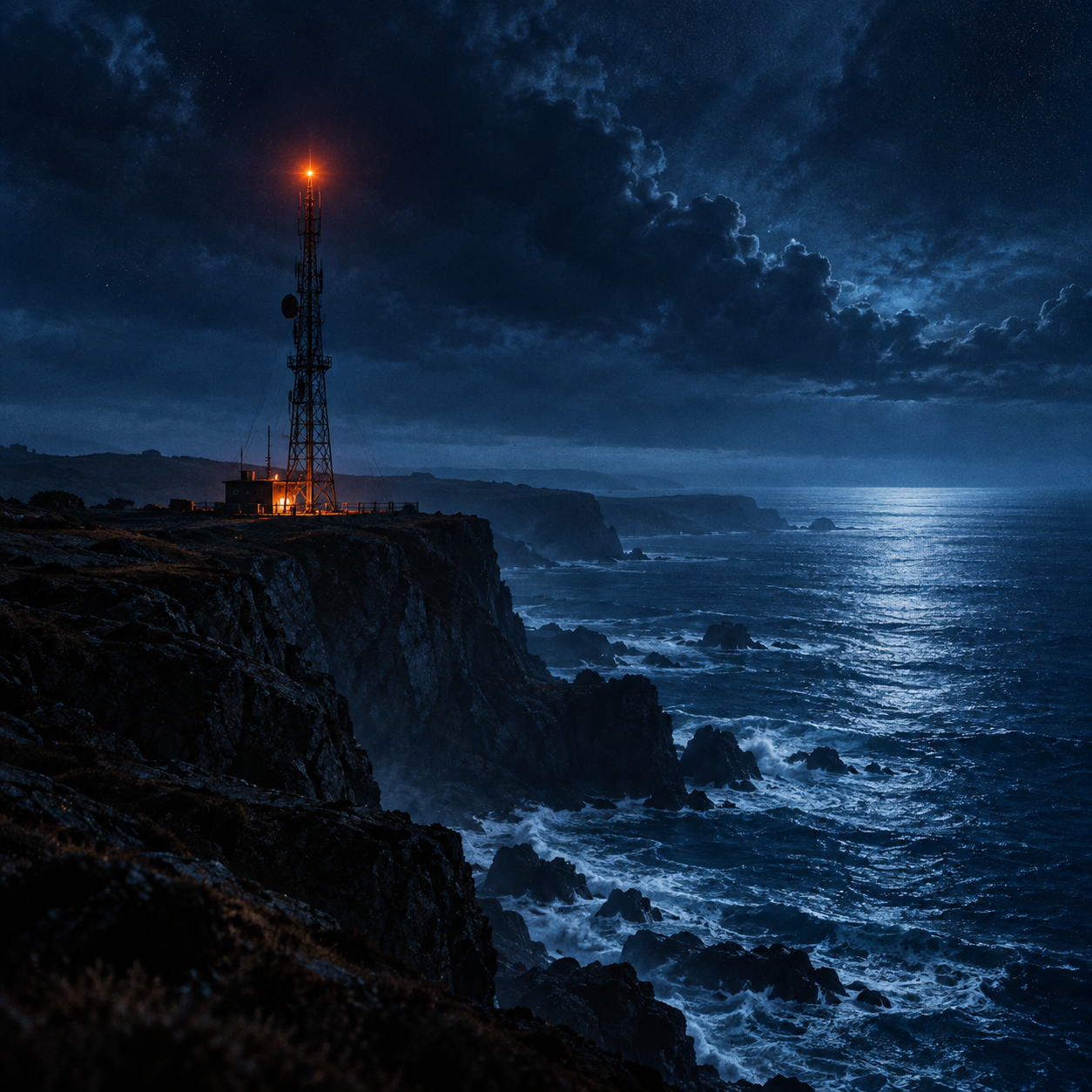 A radio tower overlooking a blue ocean at night