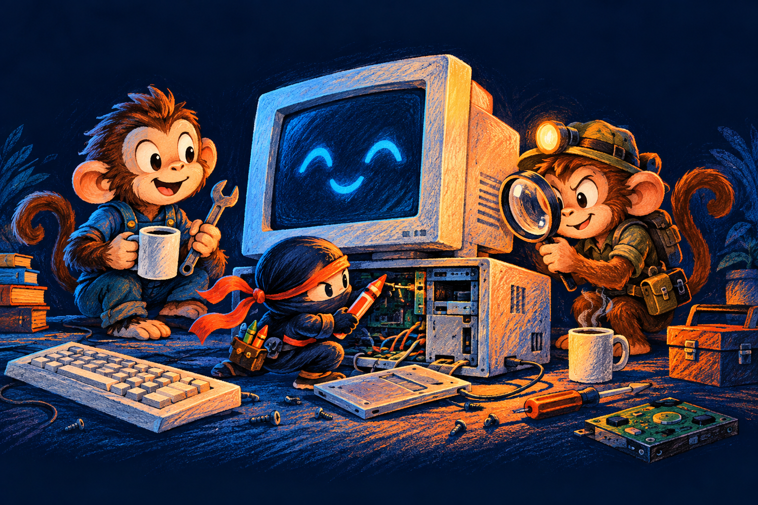 Cartoon code monkeys, a crayon ninja and a bug hunter working on a computer