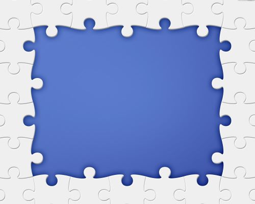 Image of square jigsaw puzzle in white with missing pieces shonw in blue