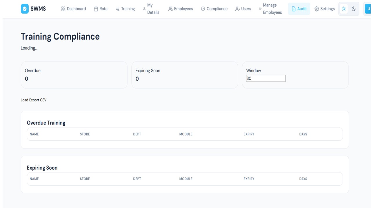 Training Compliance screenshot