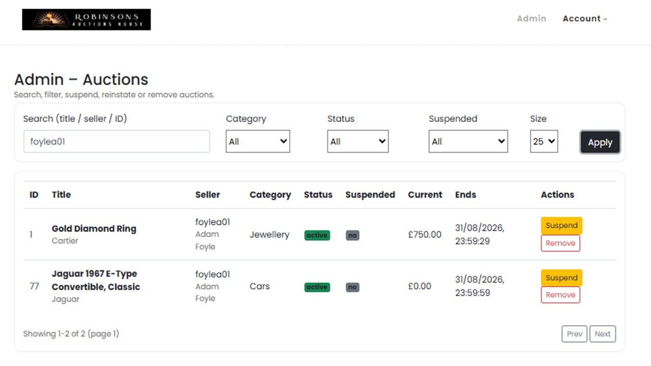 Administrative screenshot with actions